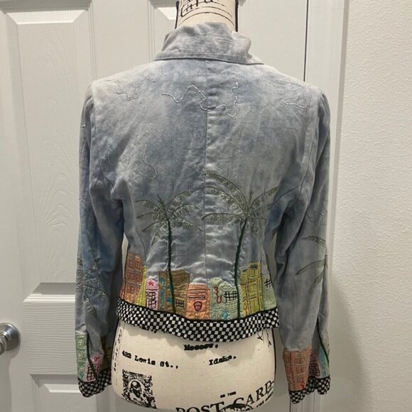Y2K FUNKY JACKET MIAMI BEACH ART EMBROIDERED CITY DEMIN BLUE COLORS SZ XS RETRO - Picture 4 of 16